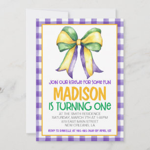 Mardi Gras Krewe Coquette Bow First Birthday Invitation