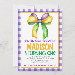 Mardi Gras Krewe Coquette Bow First Birthday Invitation