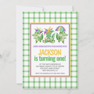 Mardi Gras Krewe Cute Gator First Birthday Invitation