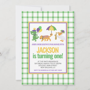 Mardi Gras Krewe Cute Parade First Birthday Invitation