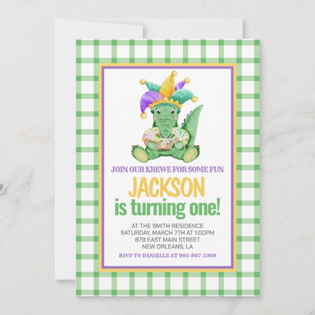 Mardi Gras Krewe Gator King Cake First Birthday Invitation (Front)