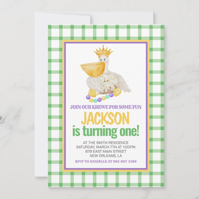 Mardi Gras Krewe PELICAN King Cake First Birthday Invitation (Front)