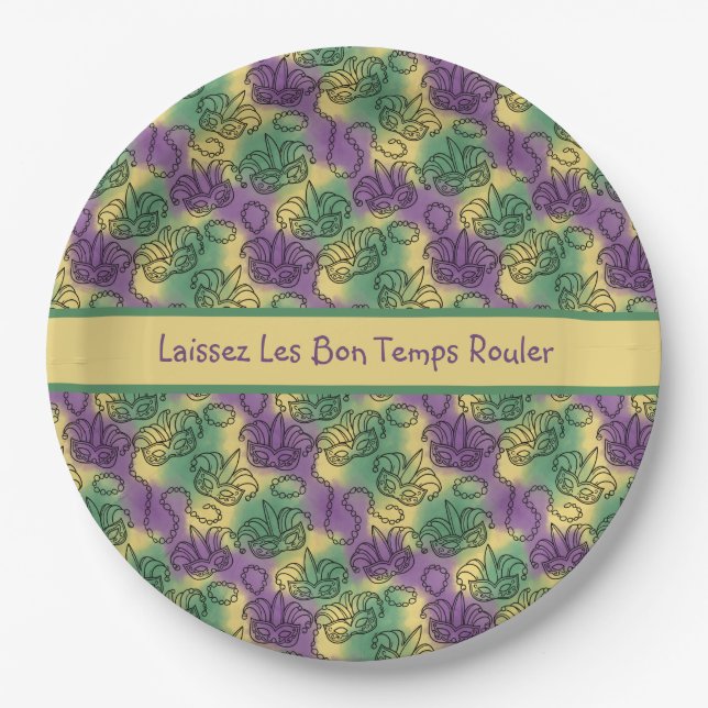 Mardi Gras Laissez Les Bon Temps Rouler Masks Bead Paper Plate (Front)