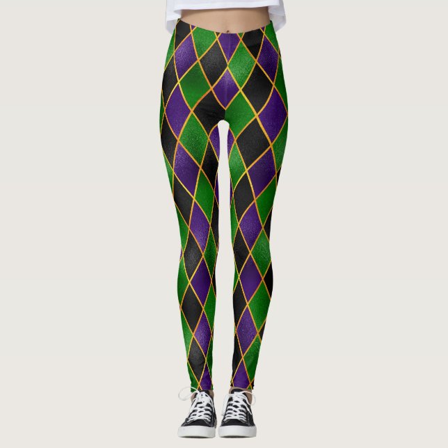 Mardi Gras Leggings, Mardi Gras Argyle Jester Leggings (Front)