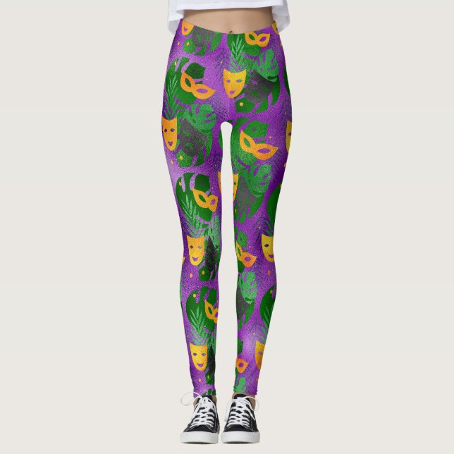 Mardi Gras Leggings, Mardi Gras Masks & Leaves Leggings (Front)