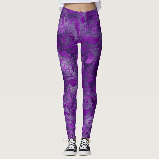 Mardi Gras Leggings, Mardi Gras Purple Floral Leggings (Front)