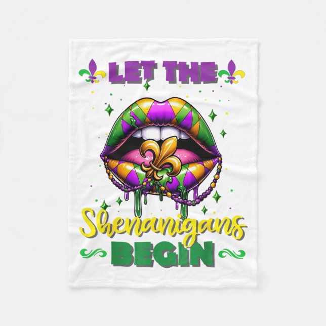 Mardi Gras Let The Shenanigans Begin Lips Kids Men Fleece Blanket (Front)