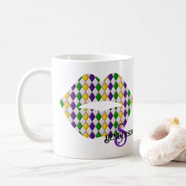 Mardi Gras Lips Custom  Coffee Mug (With Donut)