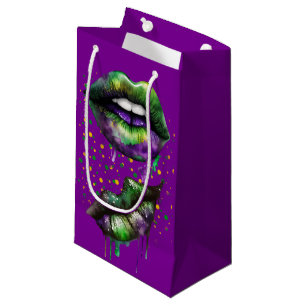 MARDI GRAS LIPS IN PURPLE GOLD GREEN  SMALL GIFT BAG