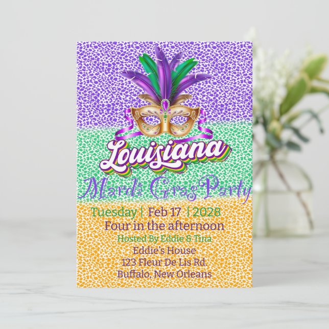 Mardi Gras Louisiana Glitter masquerade party Invitation (Standing Front)