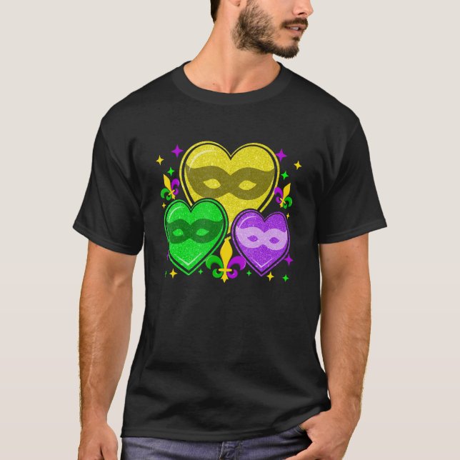 Mardi Gras Love Hearts Mask Cute Mardi Gras Fleur  T-Shirt (Front)