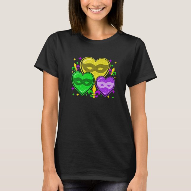 Mardi Gras Love Hearts Mask Cute Mardi Gras Fleur  T-Shirt (Front)