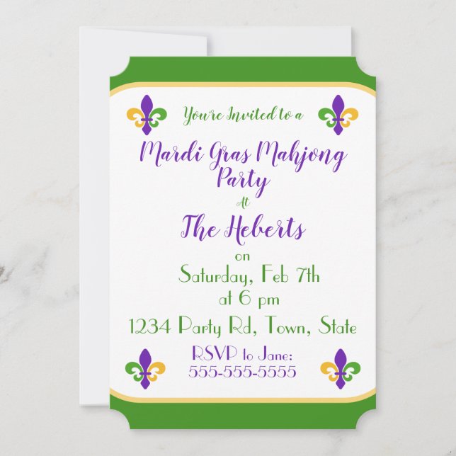 Mardi Gras MAHJONG Green Gold Purple Fleur de Lis Invitation (Front)