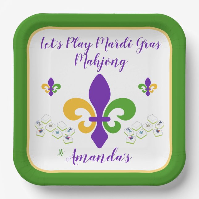 Mardi Gras Mahjong NAME Green Gold Purple Fleur de Paper Plate (Front)