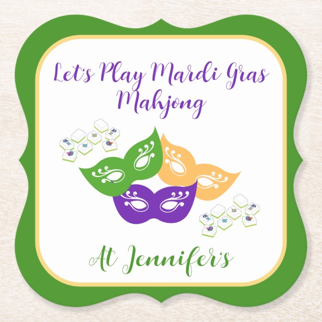 Mardi Gras Mahjong PERSONALIZE Green Gold Purple  Paper Coaster (Front)