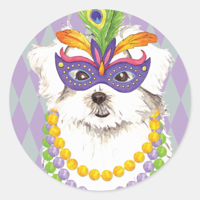 Mardi Gras Maltese Classic Round Sticker (Front)