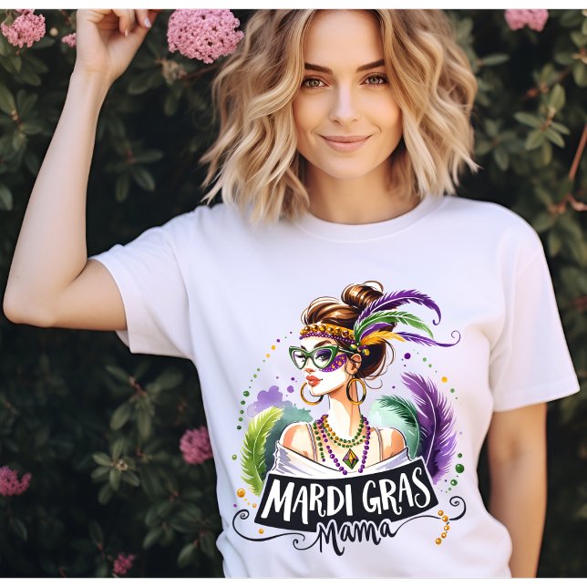 Mardi Gras Mama Messy Bun Hair Glasses Happy Mardi T-Shirt (Creator Uploaded)