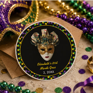 Mardi Gras Mask 21st Birthday Party Round Paper Coaster