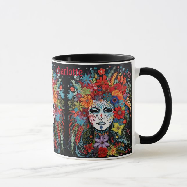 Mardi Gras Mask Add Name Flower Headdress Mug (Right)