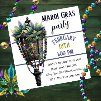 Mardi Gras Mask and Gas Lamp with Beads Invitation