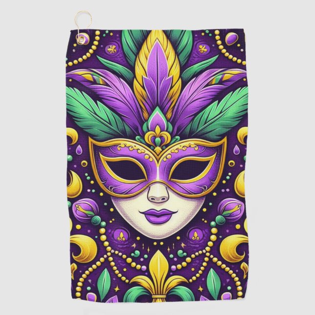 Mardi Gras mask/beads/fleur de lis Golf Towel (Front)