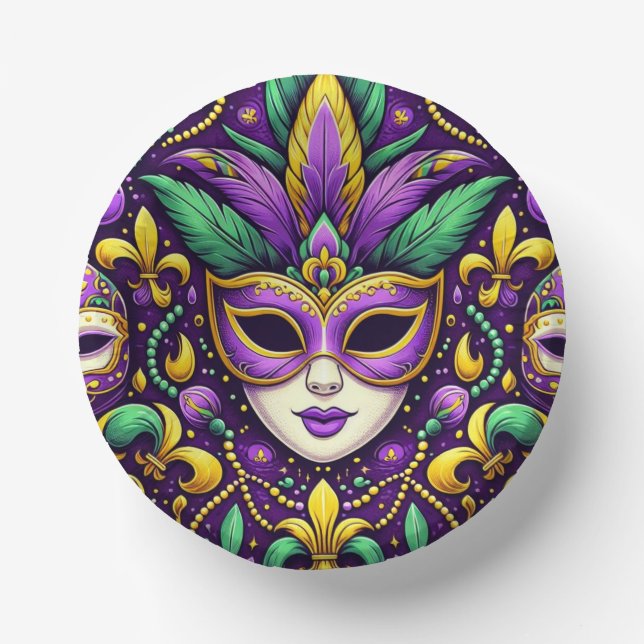 Mardi Gras mask/beads/fleur de lis Paper Plate (Front)