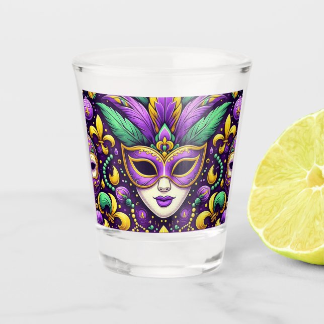 Mardi Gras mask/beads/fleur de lis Shot Glass (Front)