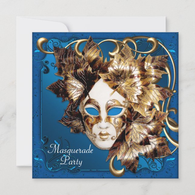 Mardi Gras Mask Blue Gold Masquerade Party Invitation (Front)