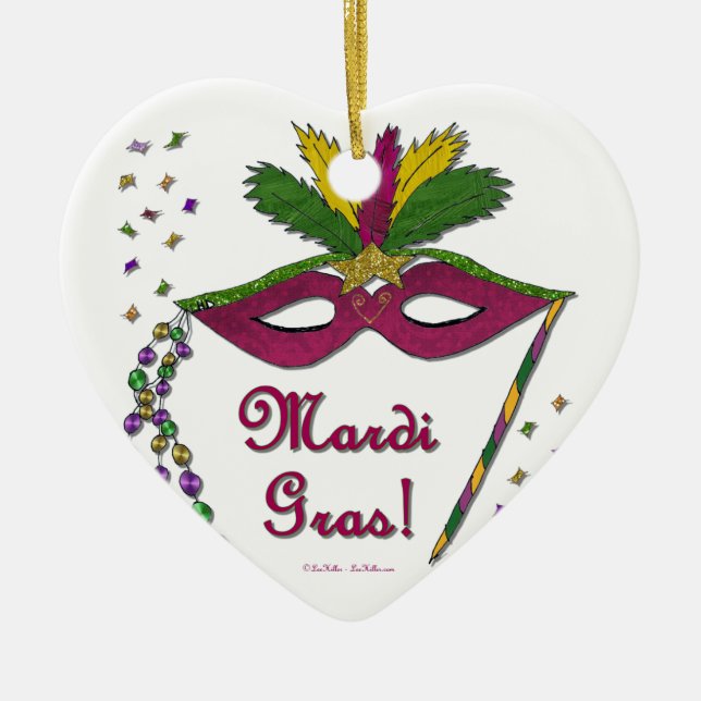Mardi Gras Mask Feather Beads Ceramic Tree Decoration (Front)