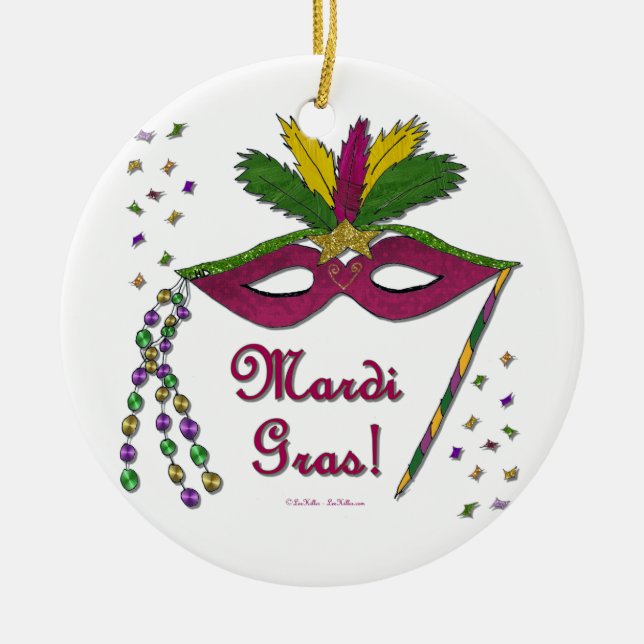 Mardi Gras Mask Feather Beads Ceramic Tree Decoration (Front)