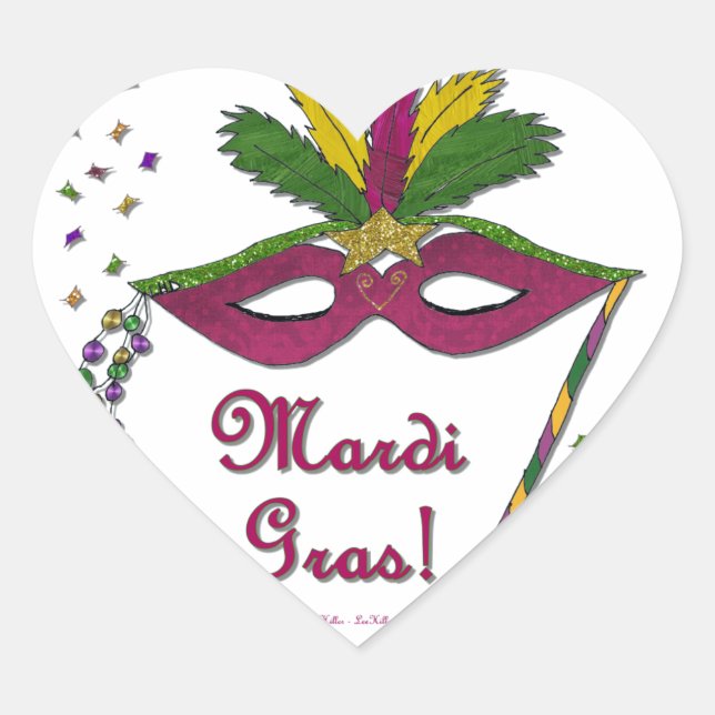 Mardi Gras Mask Feather Beads Heart Sticker (Front)