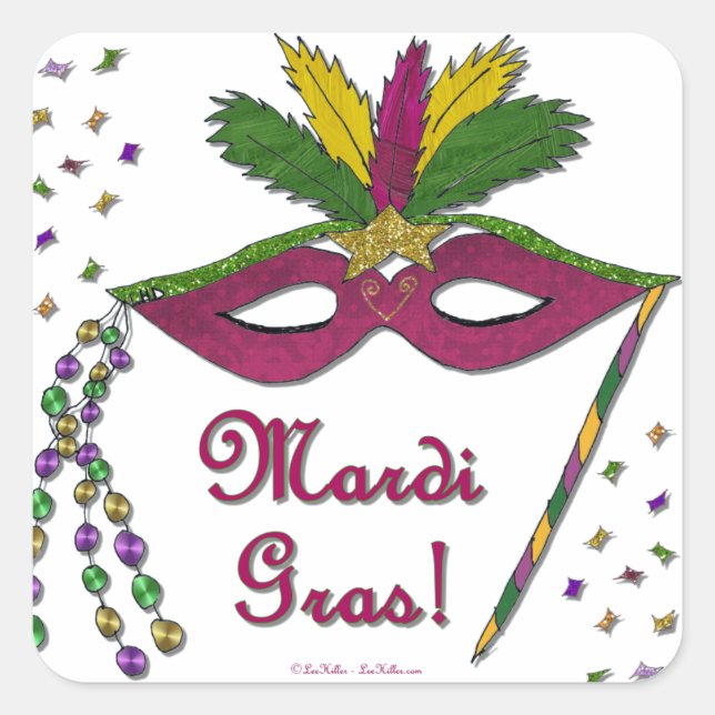 Mardi Gras Mask Feather Beads Square Sticker (Front)