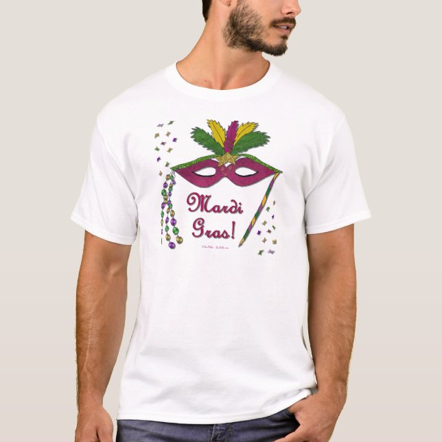 Mardi Gras Mask Feather Beads T-Shirt (Front)