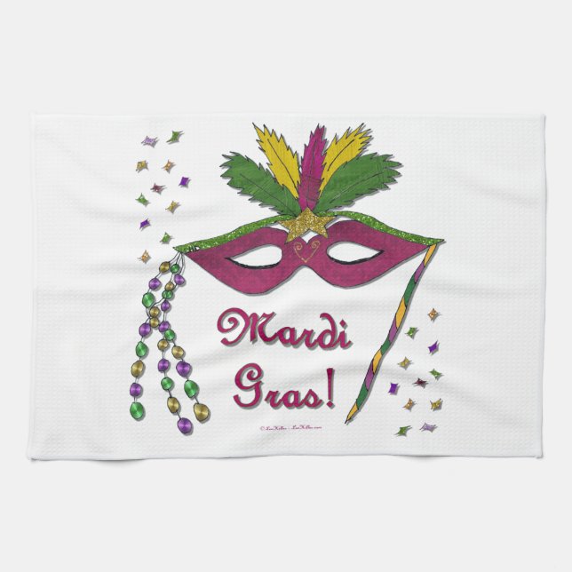 Mardi Gras Mask Feather Beads Tea Towel (Horizontal)
