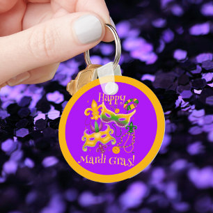 Mardi Gras Mask Fleur de Lis Beads King Cake Key Ring