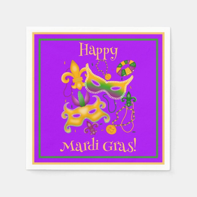 Mardi Gras Mask Fleur de Lis Beads King Cake Napkin (Front)