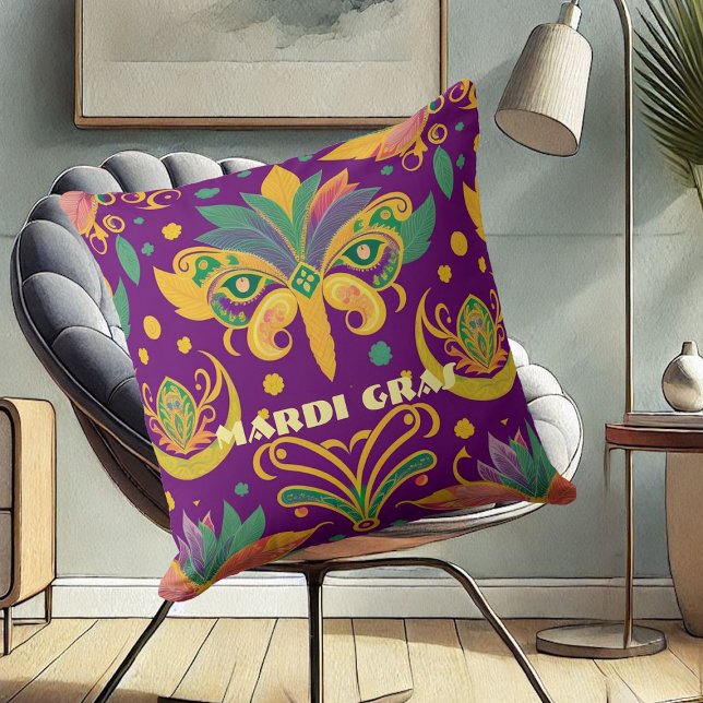 Mardi Gras Mask Fleur De Lis Purple Green Gold Cushion (Mardi Gras Mask Fleur De Lis Purple Green Gold Throw Pillow)