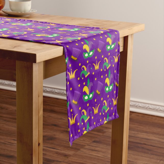 Mardi Gras Mask Green Gold Purple Clown Hat Crown Short Table Runner (In Situ)