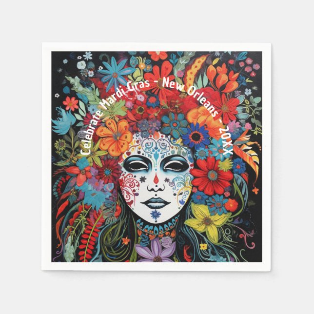 Mardi Gras Mask & Headdress Custom Text Party Napkin (Front)