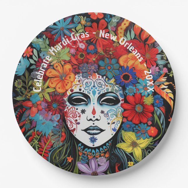 Mardi Gras Mask & Headdress Custom Text Party Paper Plate (Front)