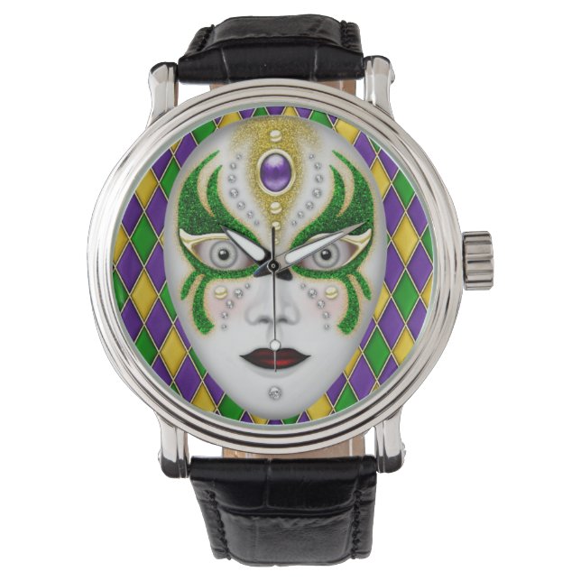 Mardi Gras Mask on Harlequin Background Watch (Front)