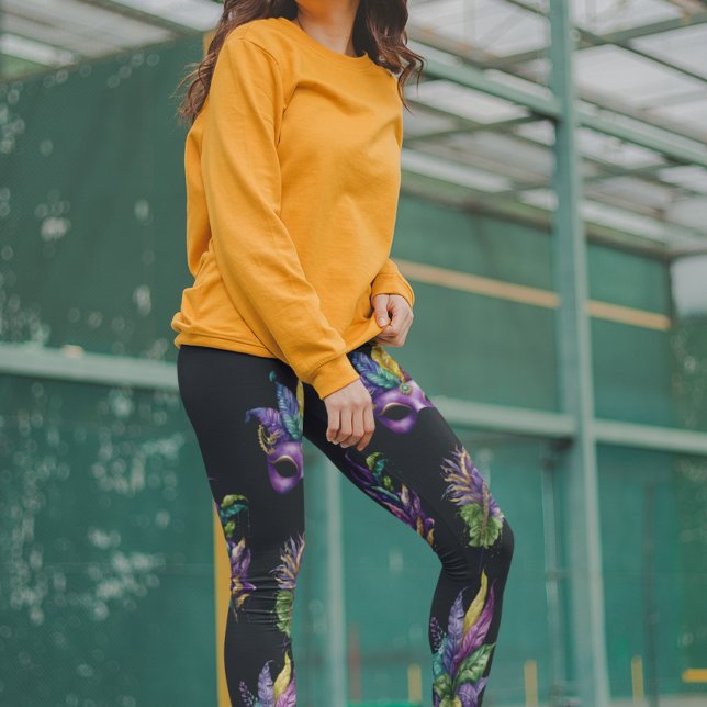 Mardi Gras Mask Pattern Leaves Watercolor Leggings (Creator Uploaded)
