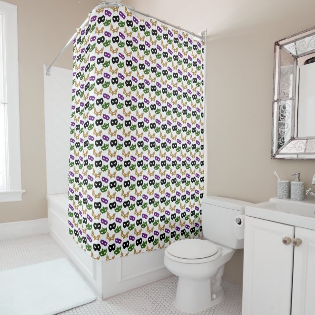 Mardi Gras Mask Purple Green Faux Gold Black Shower Curtain (In Situ)