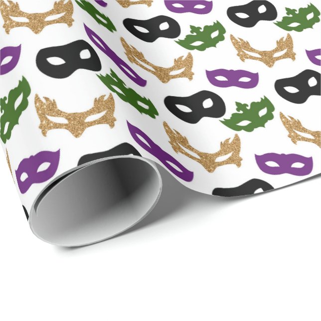 Mardi Gras Mask Purple Green Faux Gold Black Wrapping Paper (Roll Corner)