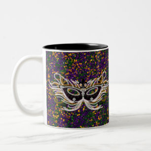 Mardi Gras Mask Purple Green Gold Glitter Two-Tone Coffee Mug