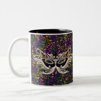 Mardi Gras Mask Purple Green Gold Glitter Two-Tone Coffee Mug