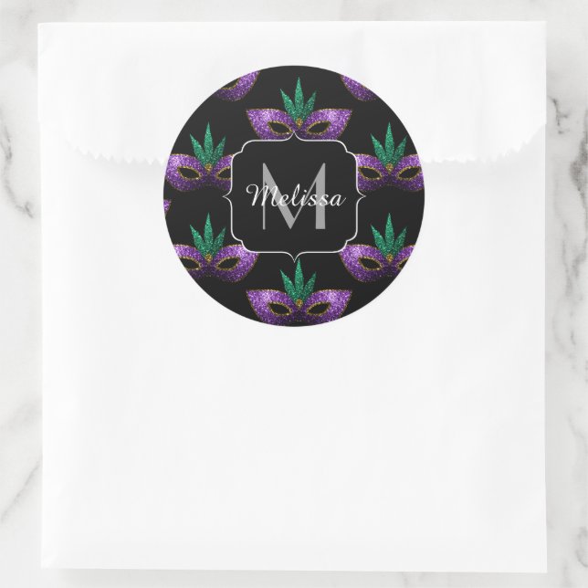 Mardi Gras Mask Purple Green Gold Sparkle Monogram Classic Round Sticker (Bag)