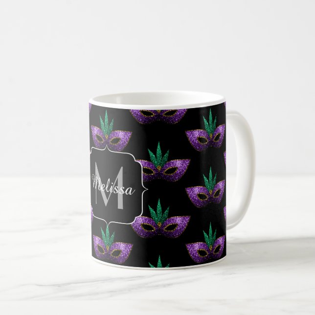 Mardi Gras Mask Purple Green Gold Sparkle Monogram Coffee Mug (Front Right)
