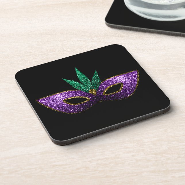 Mardi Gras Mask Purple Green Gold Sparkles black Coaster (Left Side)
