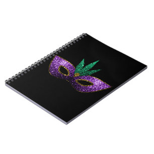 Mardi Gras Mask Purple Green Gold Sparkles black Notebook